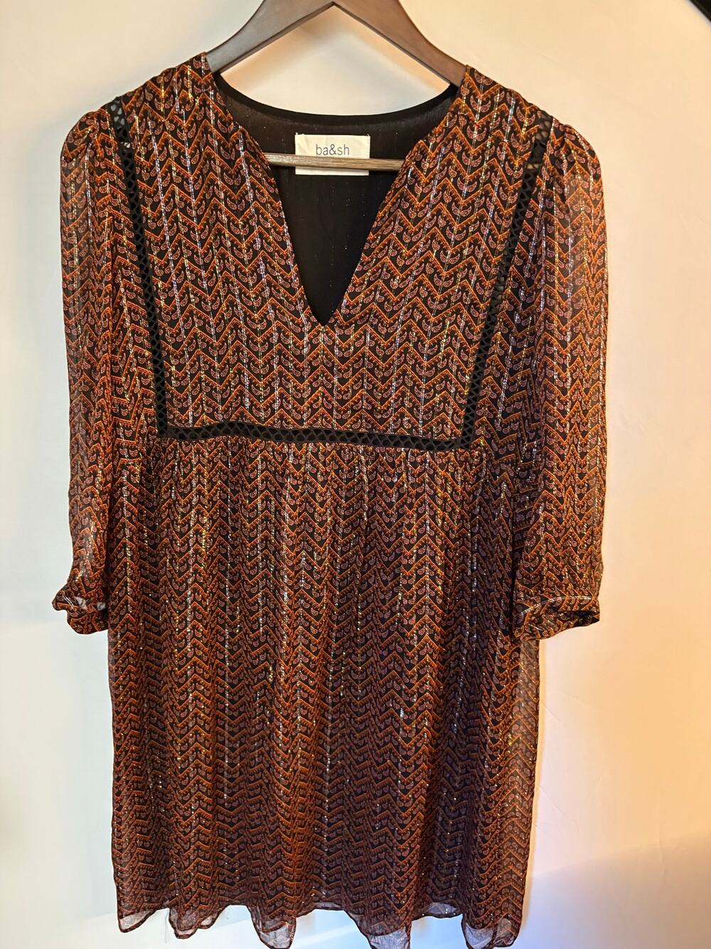 ba&sh Metallic Lurex Chevron Mini Dress Lace Trim French Girl Boho Chic